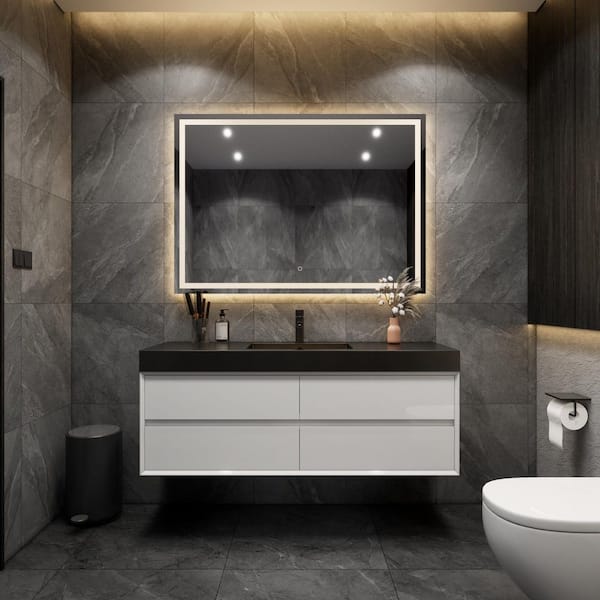 MIA 59 in. W. x 20 in. D x 24 in. H Single Sink Floating Bath Vanity in Gloss White with Black Stainless-Steel Top