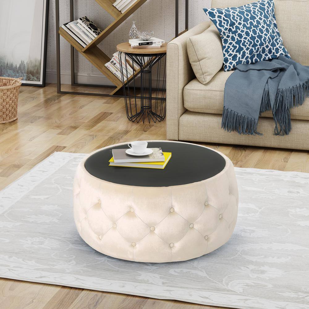 Elegant Round Beige Velvet & Glass Ottoman Coffee Table