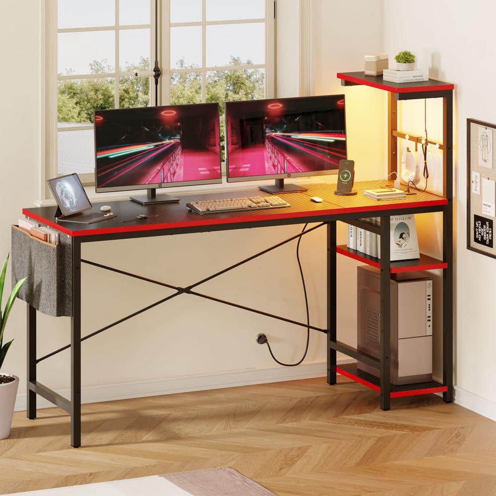 Black Carbon Fiber Gaming Desk with Reversible Shelves and Power Outlets