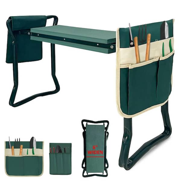 WELLFOR 6 in. Foldable Garden Kneeler and Seat with 2 Tool Pouches and a Widen Soft Kneeling Pad in Green