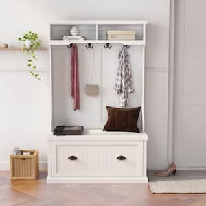 White Entryway Hall Tree with 4-Hooks and Storage Bench