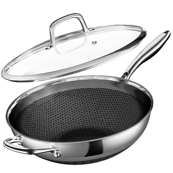 Large 13 in. Silver Stainless Steel Induction Woks and Stir-Fry Pans Nonstick, Unique 3-Ply Clad Construction