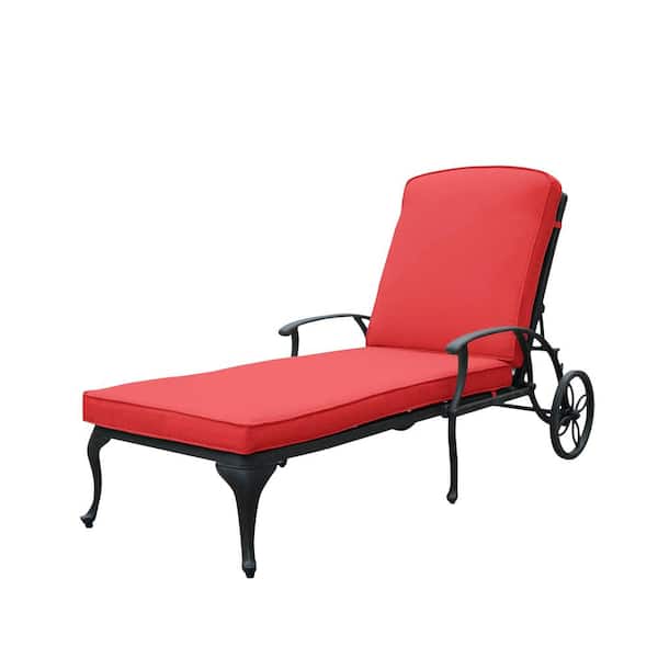 Tunearary Modern Black Aluminium Cast Patio Furniture Outdoor Lounge Chair with Red Cushion Adjustable Backrest (1-Pack)