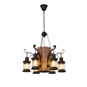 23 in. 6-Light Black Retro Rustic Wooden Chandelier for Dining Room, No Bulbs Included