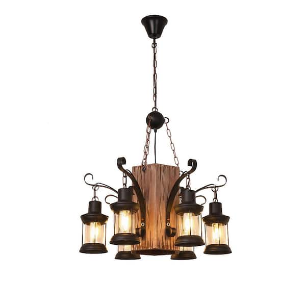 OUKANING 23 in. 6-Light Black Retro Rustic Wooden Chandelier for Dining Room, No Bulbs Included