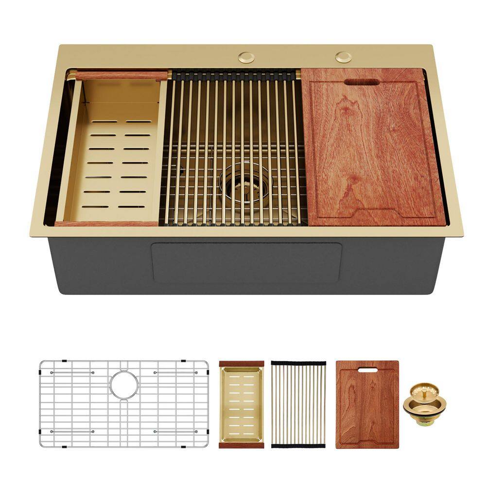33 in. Drop-In Single Bowl 16-Gauge Gold Stainless Steel Kitchen Sink with Workstation price history on PriceWatchPro