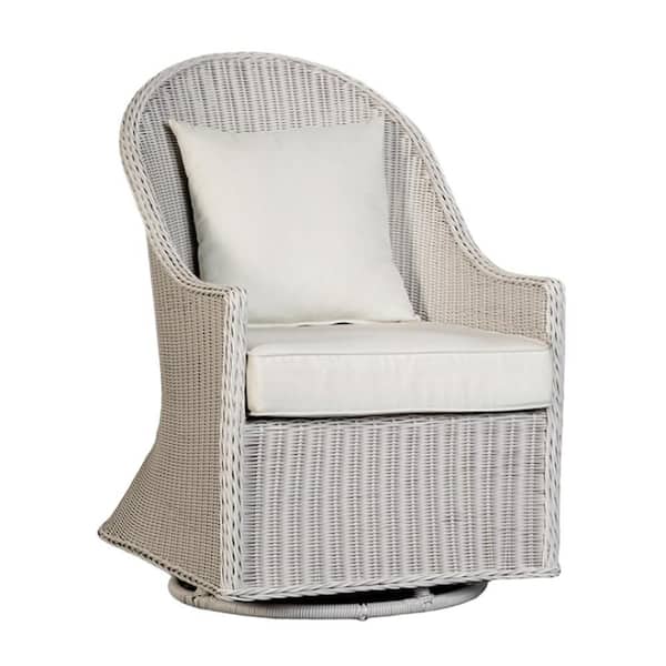 Benjara Tomo White Swivel Wicker Outdoor Lounge Chair with White Cushions and Wingback Design