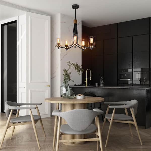Modern Farmhouse 5-Light Sputnik Brass Chandelier Lighting with Clear Glass, Black Pendant Hanging Light for Dining Room