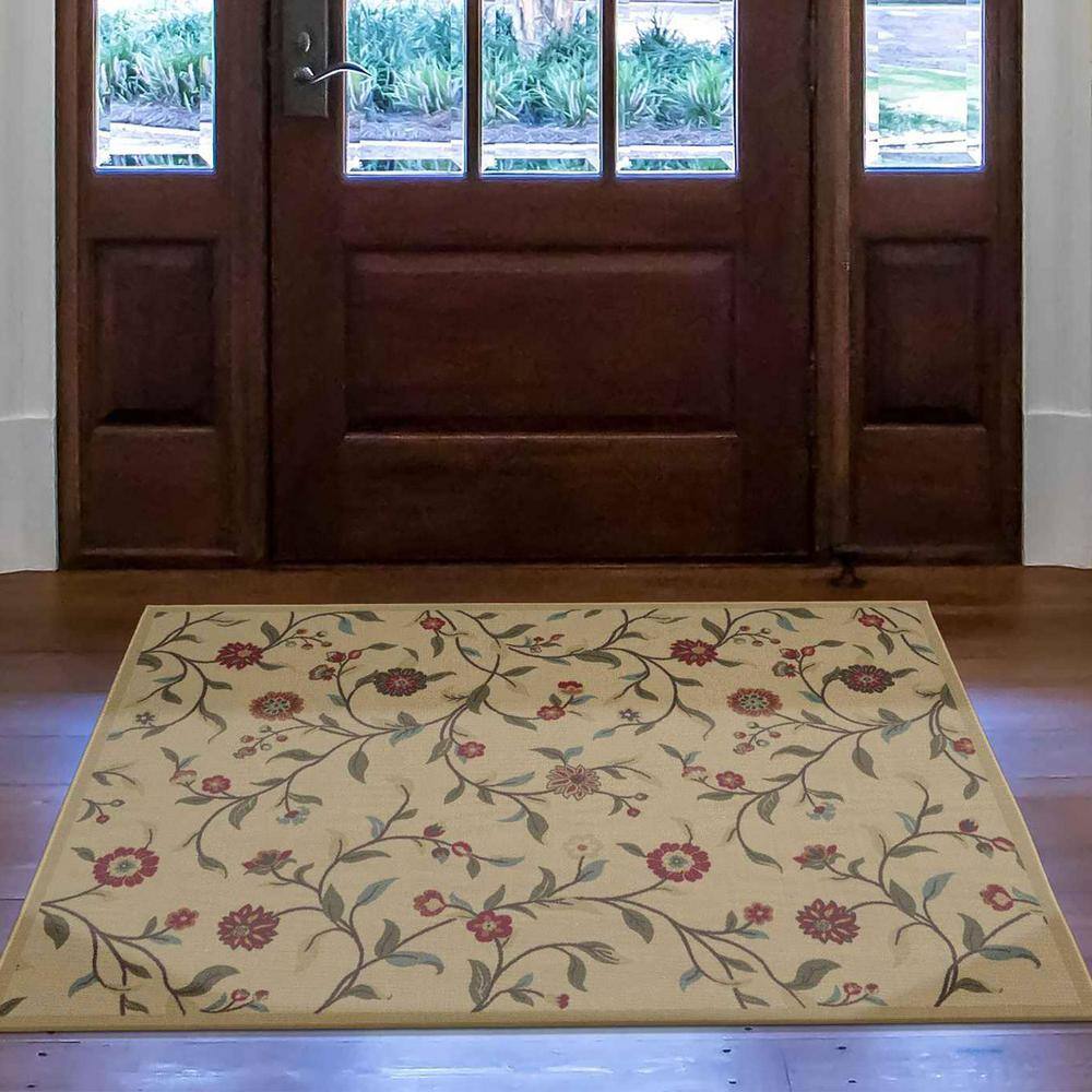 Beige Floral Leaves Design Washable Synthetic Area Rug