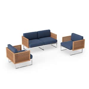 Monterey 4-Seater 3-Piece Stainless Steel Teak Outdoor Patio Conversation Set With Spectrum Indigo Cushions