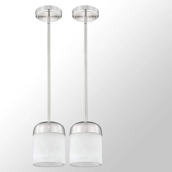 Alabaster Series 60-Watt 1 Light Brushed Nickel Mini Pendant Light with Cylinder Marble Shade, No Bulbs Included 2 PK