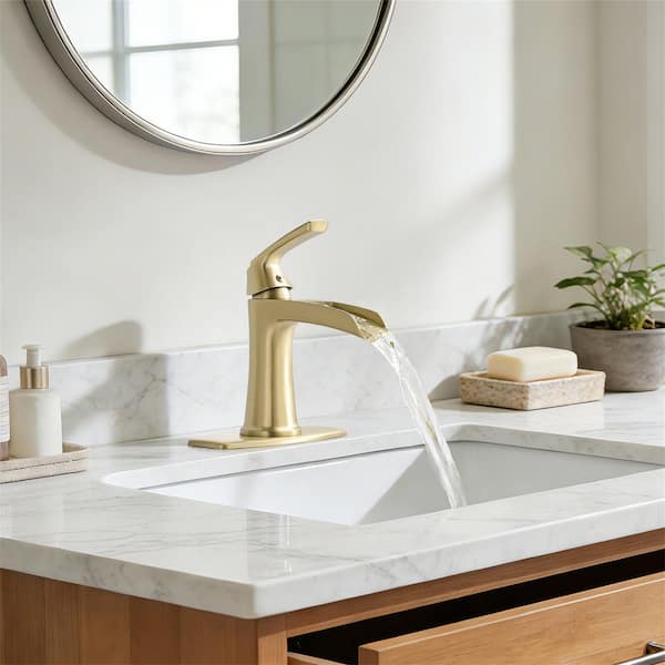 Single Handle Single Hole Waterfall Spout Bathroom Sink Faucet with Deckplate and Drain 1.8 GPM in Brushed Gold