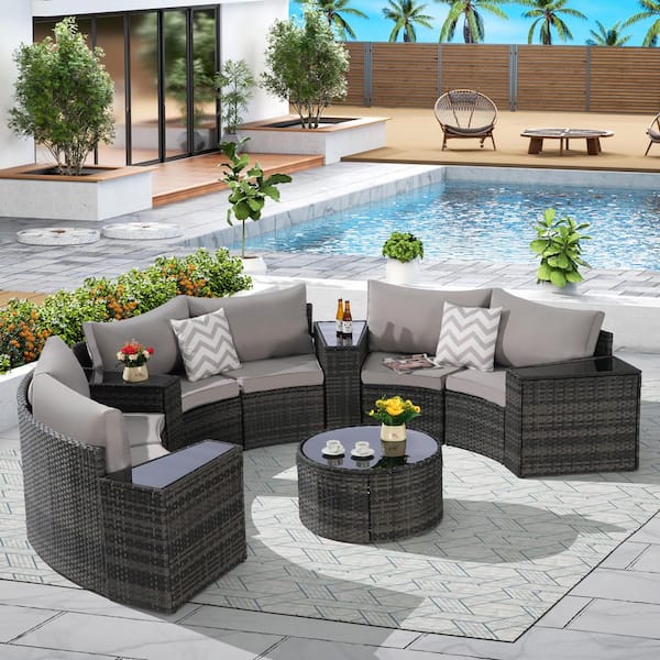11-Pieces Metal Outdoor Half-Moon Sectional Round Patio Furniture Set Sofa with Light Gray Cushions