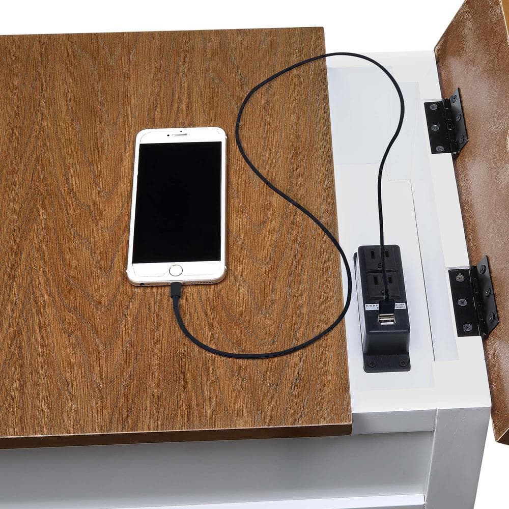 Driftwood and White Country End Table with Built-In Charging Station