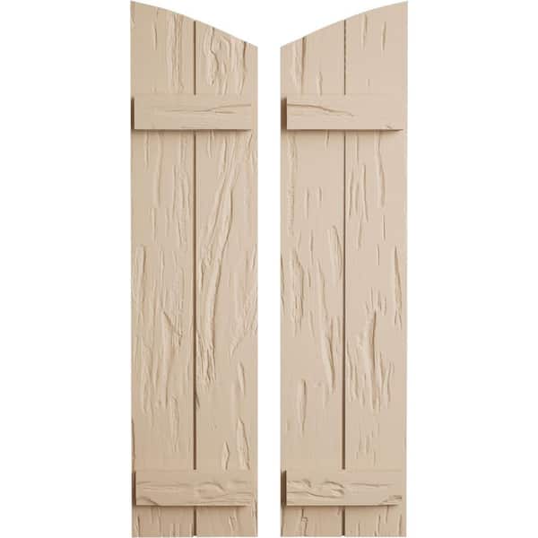 Ekena Millwork 11 in x 46 in Polyurethane Pecky Cypress Two Board Joined Board-n-Batten Elliptical Top Shutters Primed Tan