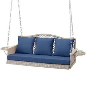 3-Person Gray Wicker Porch Swing with Blue Cushions and Cup Holder