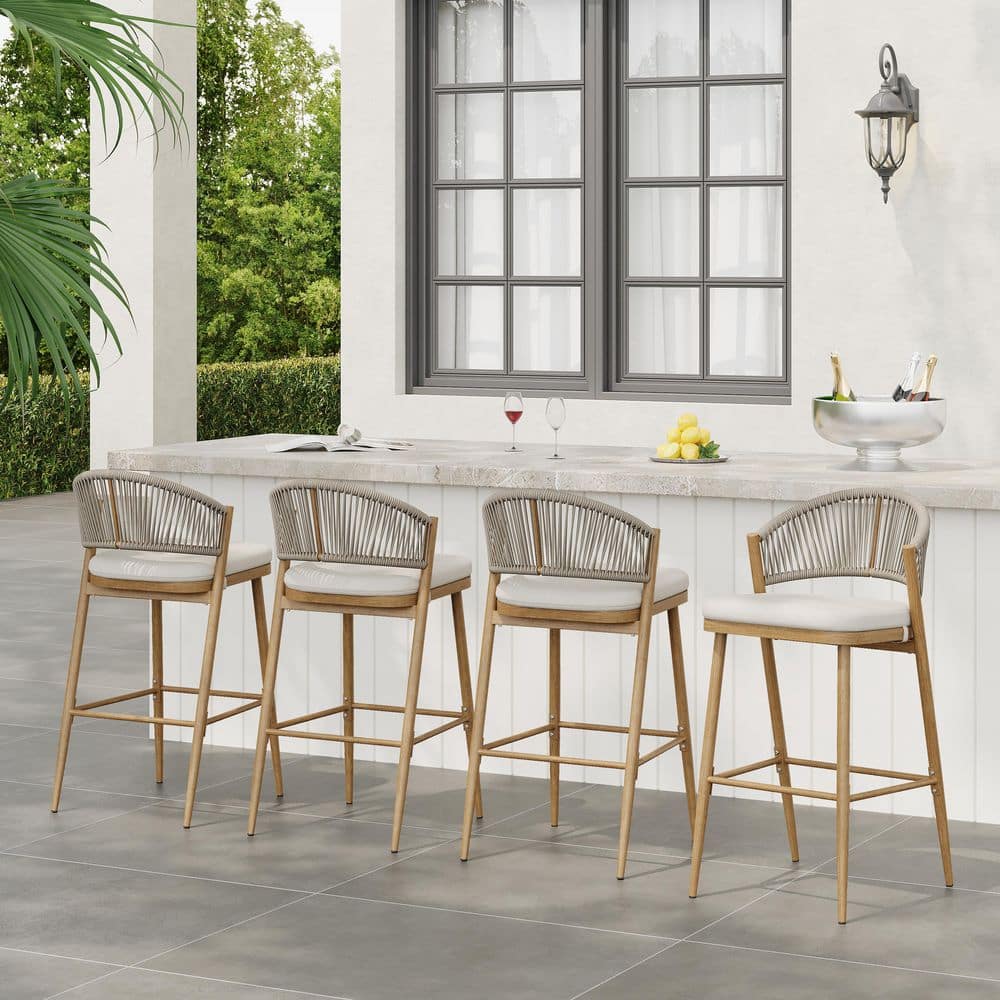 Hugo 30.25 in. Patio PE Rattan and Aluminum Outdoor Bar Stools with Beige Cushions, Maple Finish, (Set of 4) price history on PriceWatchPro