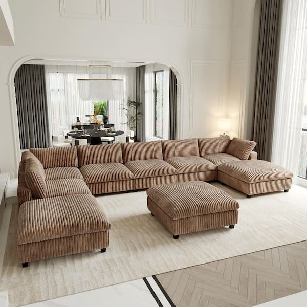 Modern Cloud Couch 157 in. Square Arm Faux Rabbit Fur Velvet Modular Sofa with Ottoman, Washable Covers in. Brown