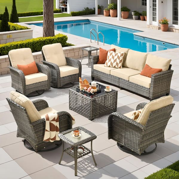 HOOOWOOO Scarlet 8-Piece Wicker Outdoor Furniture Patio Conversation Sofa Set with Swivel Chairs, a LED Table and Beige Cushions