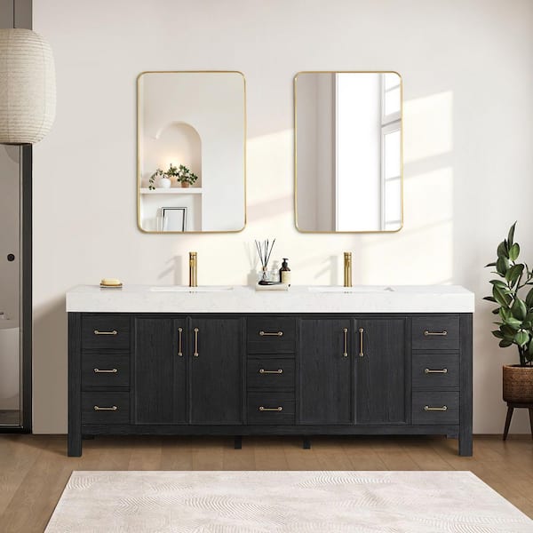 Leon 84 in. W x 22 in. D x 34 in. H Double Freestanding Bath Vanity in Fir Wood Black with White Composite Stone Top