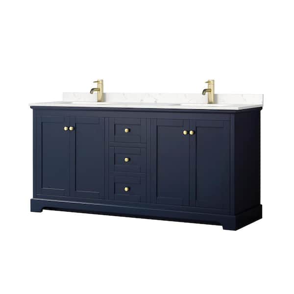 Wyndham Collection Avery 72in.Wx22 in.D Double Vanity in Dark Blue with Cultured Marble Vanity Top in Light-Vein Carrara with White Basins