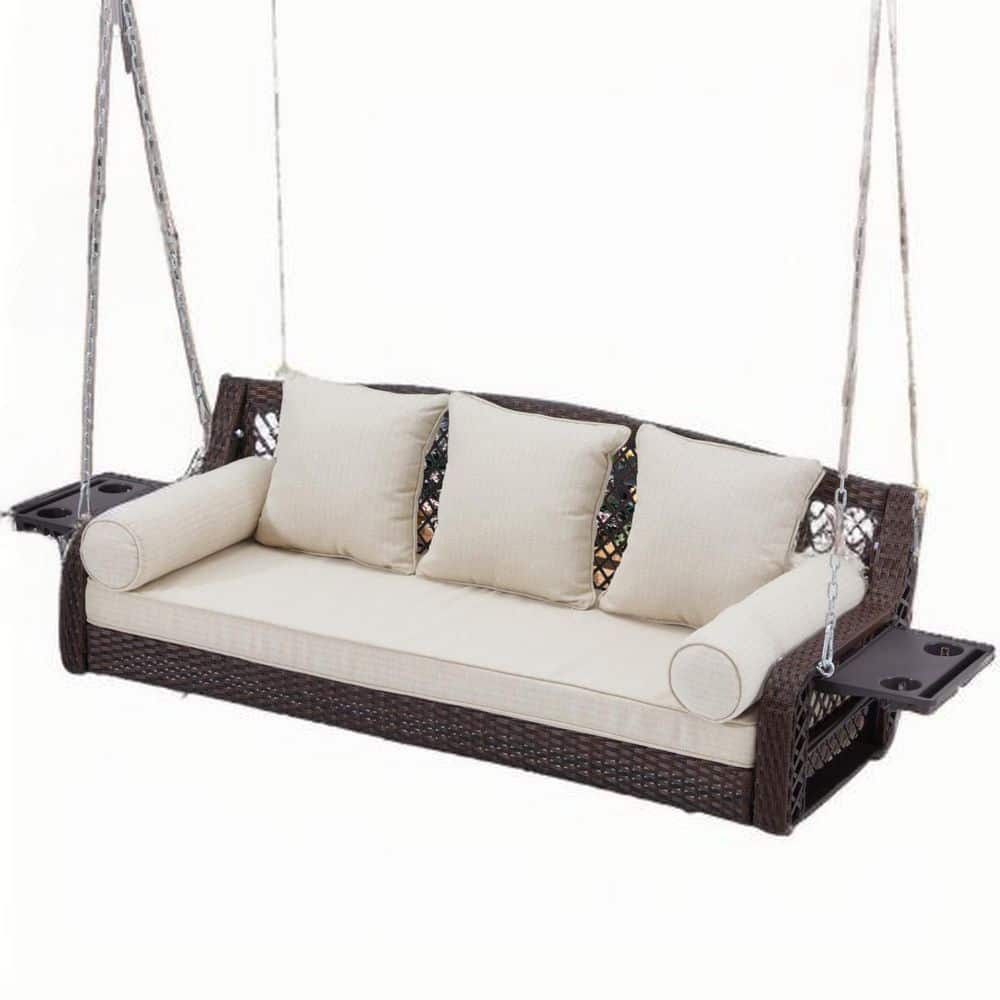 3 Seat Wicker Porch Swing with Beige Cushions and Cup Holders, Yard Swing with Chains for Deck Garden Backyard, Brown price history on PriceWatchPro