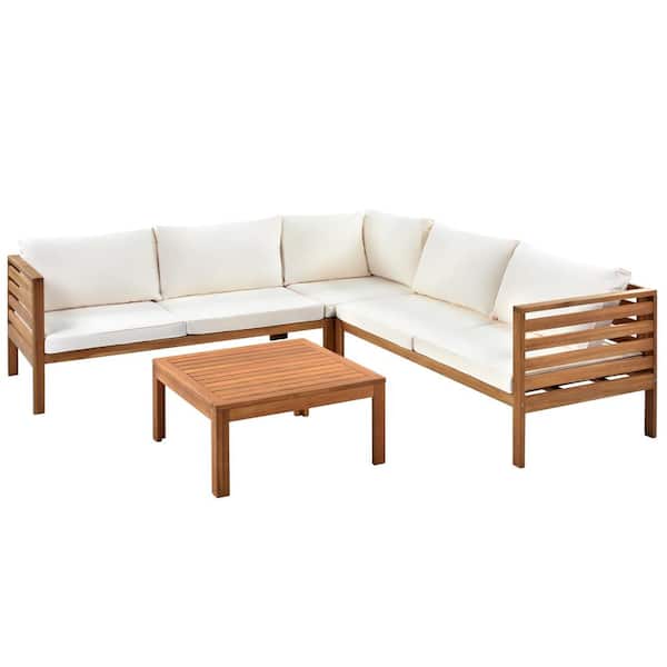 Sudzendf Natural Acacia Wood Outdoor Sectional Set with Beige Cushions and Coffee Table