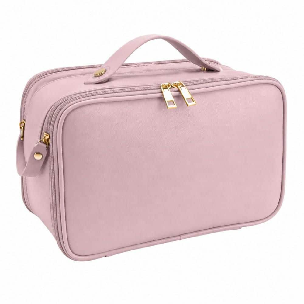 Large Capacity Travel Garment Bag in Pink, PU Leather, 3 Compartments, Waterproof Makeup Organizer with Brush Holder
