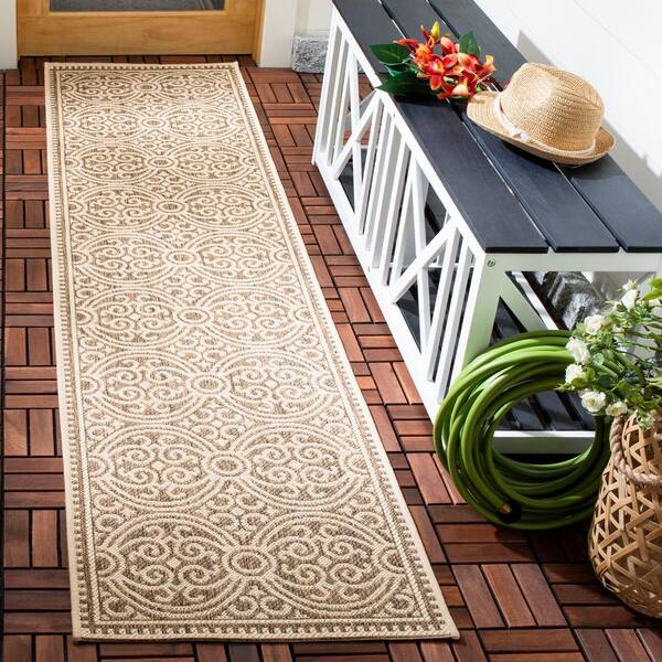 Beach House Cream/Beige 2 ft. x 12 ft. Floral Medallion Indoor/Outdoor Patio  Runner Rug