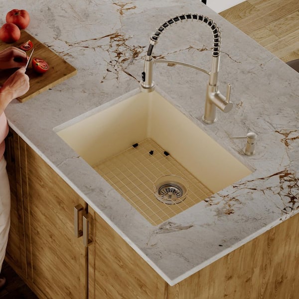Karran QU- 820 Quartz/Granite 24.38 in. Single Bowl Undermount Kitchen Sink in Bisque with Bottom Grid and Strainer
