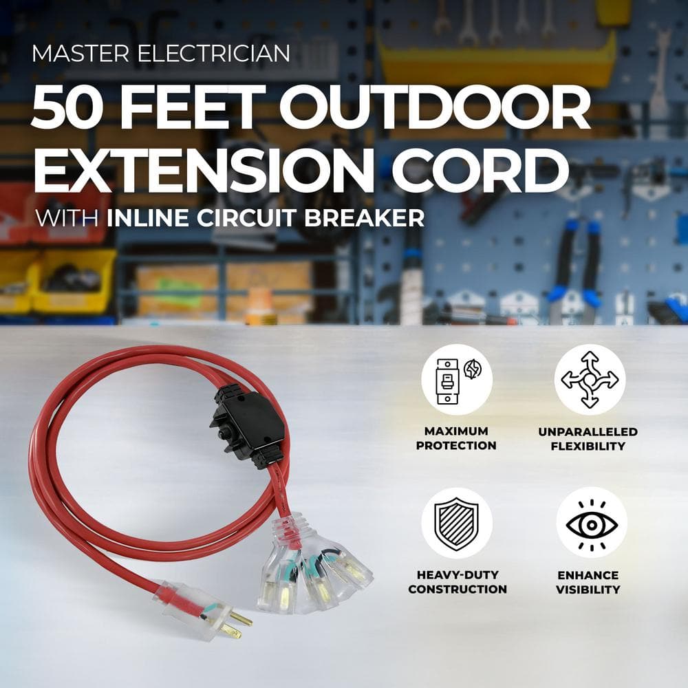 50 ft. 16/3 Indoor/Outdoor Extension Cord in Red with Inline Circuit Breake