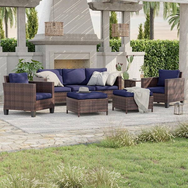 6-Piece Brown Wicker Outdoor Conversation Seating Sofa Set with Side Table, Navy Blue Cushions