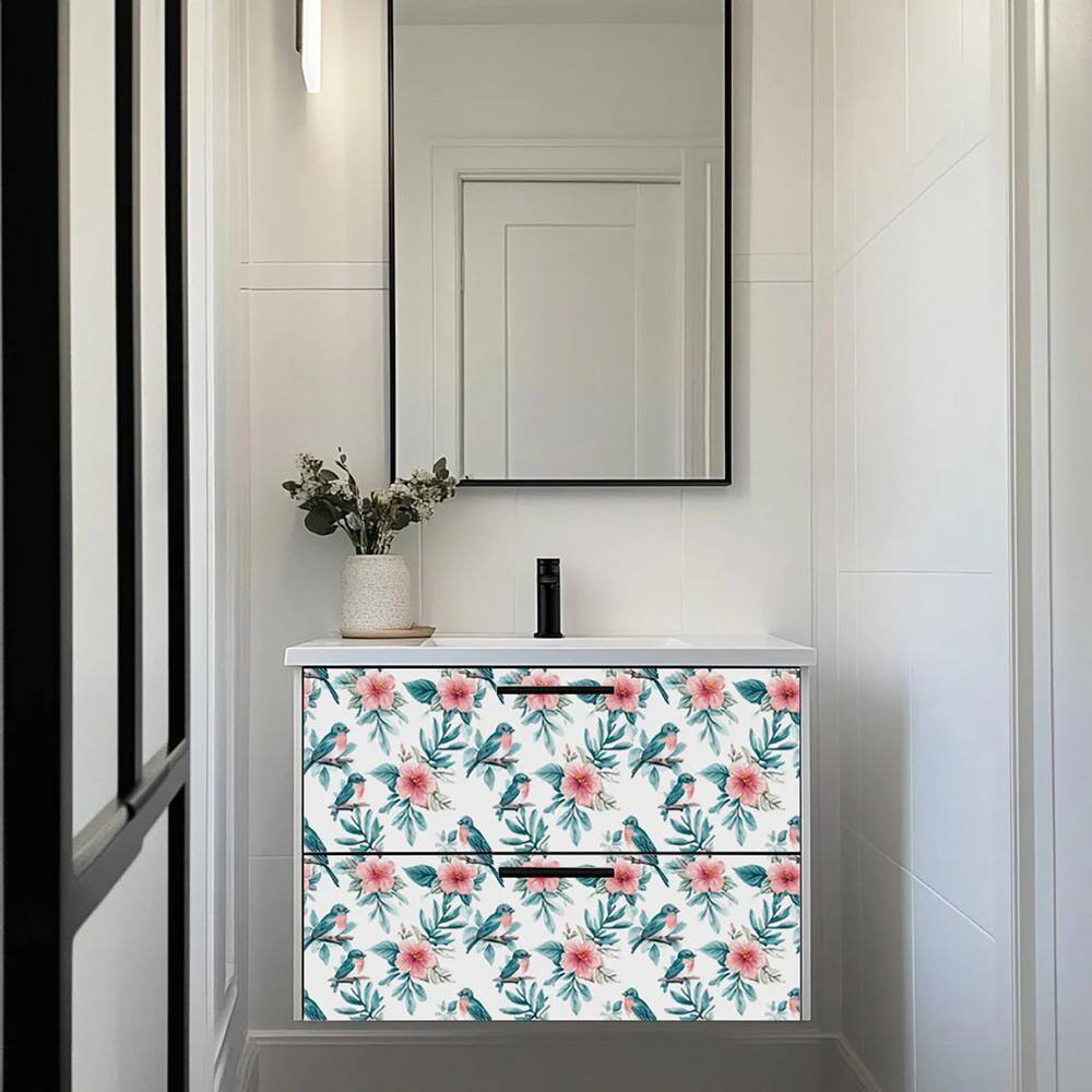 Seagreen and Pink Floral Bird 4x4 Vinyl Tile Stickers
