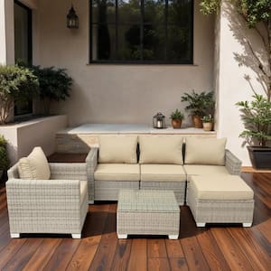 6-Piece Gray Wicker Patio Outdoor Sofa Loveseat Conversation Seating Set with Field gray Cushions and Slope Back