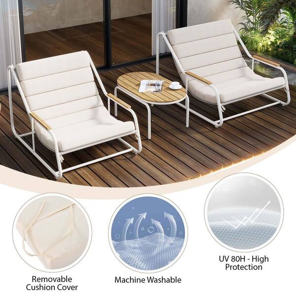 White Metal Outdoor Chaise Lounge Chair with Cushion (3-Pack