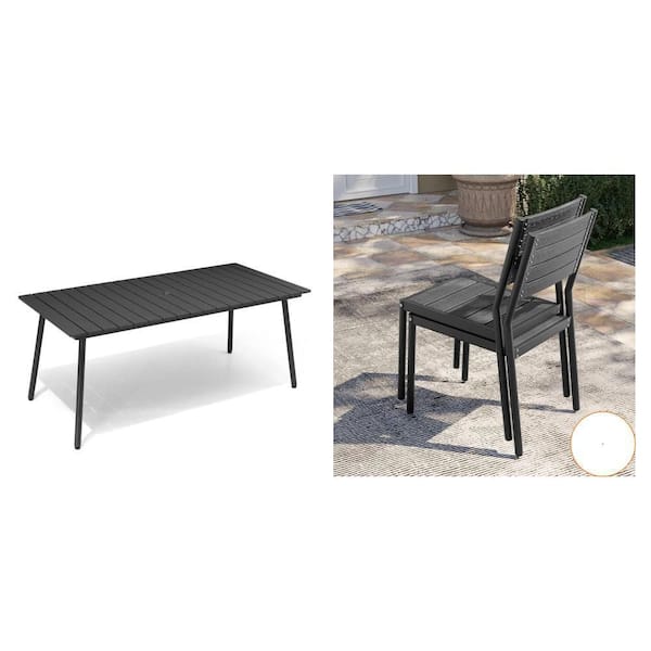 70 in. Black Aluminum Outdoor Dining Table with Umbrella Hole and Stackable Dining Chairs (Set of 6)