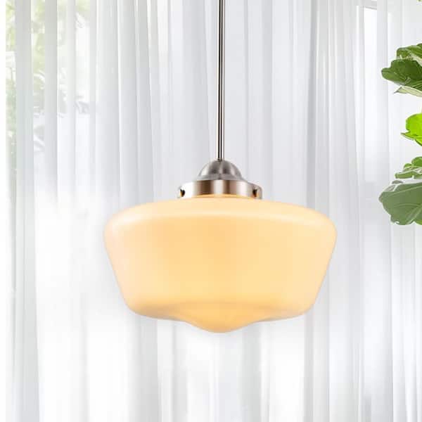 60-Watt 1-Light Brushed Nickel Shaded Pendant Light Dimmable with Milk Glass Shade for Living Room