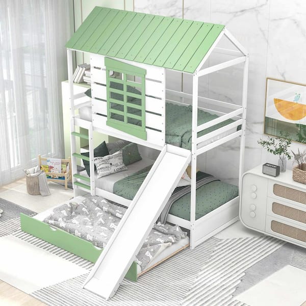 White Twin over Twin Size House Bunk Bed with Convertible Slide and Trundle