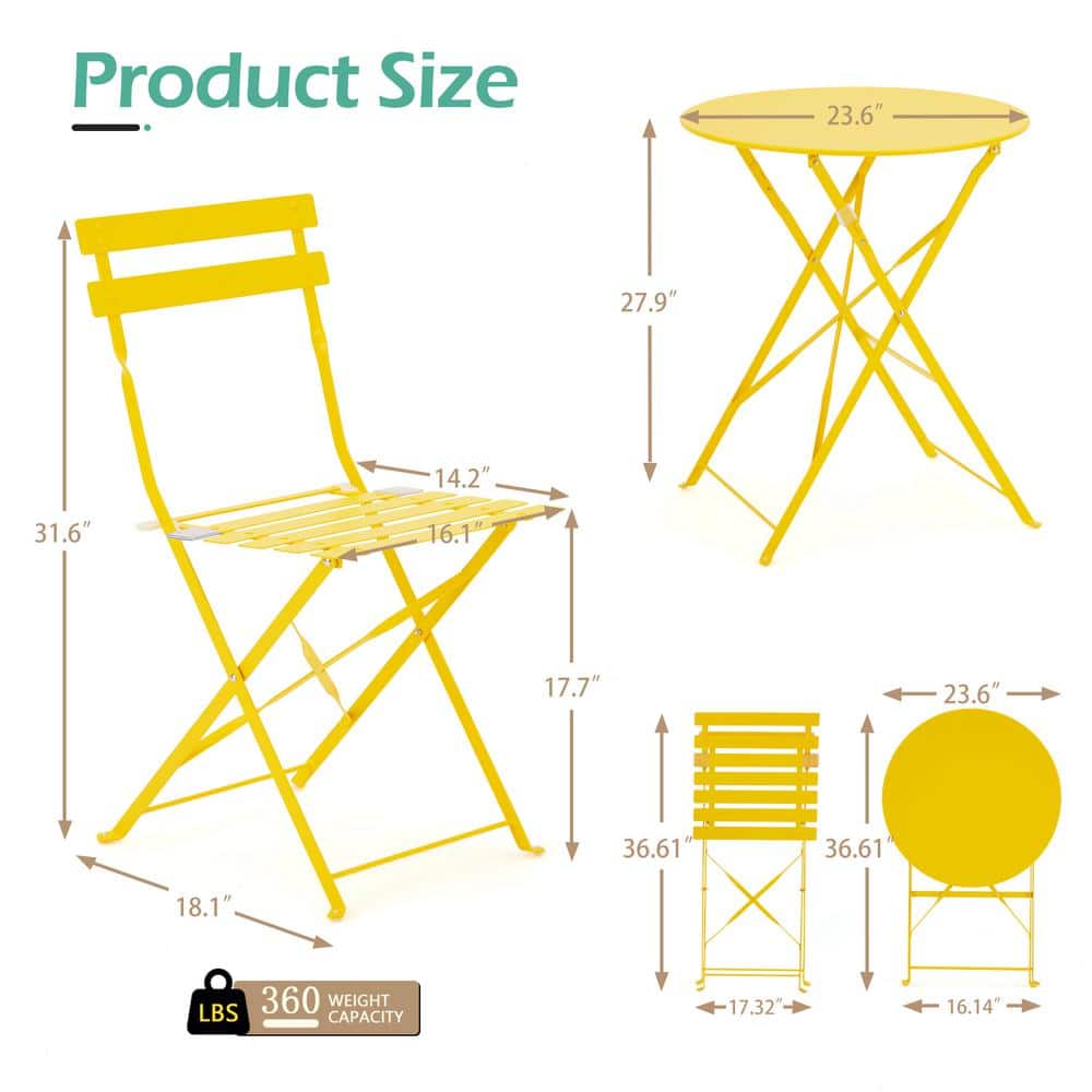Dimension diagram of the yellow outdoor chair and table set.