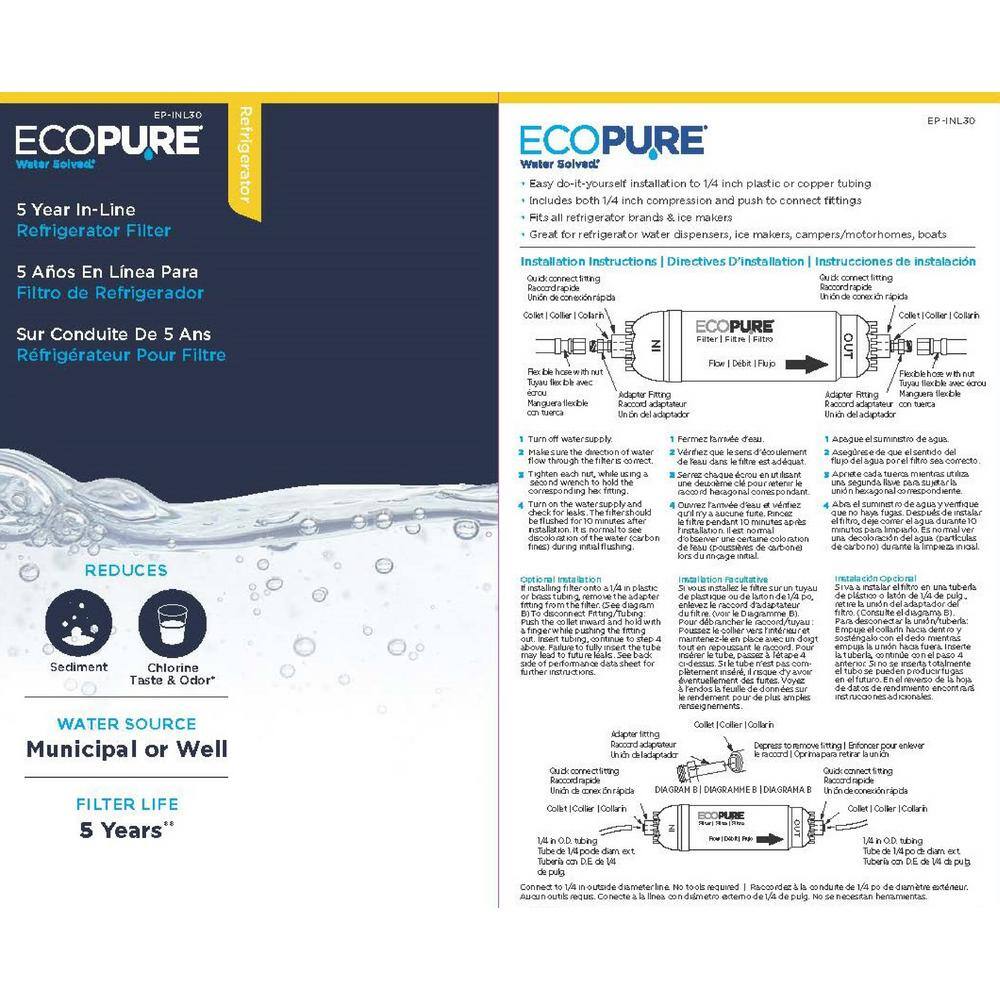 5Year InLine Refrigerator Water Filter Includes both 1/4 in