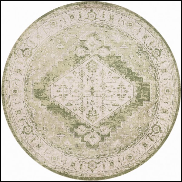 Nourison Astra Machine Washable Ivory Green 5 ft. x 5 ft. Center medallion Traditional Round Area Rug