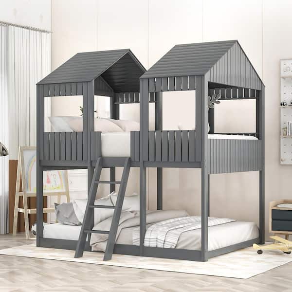 Harper & Bright Designs Gray Full Over Full Wooden Bunk Bed with Roof, Window, Safety Guardrail, and Ladder