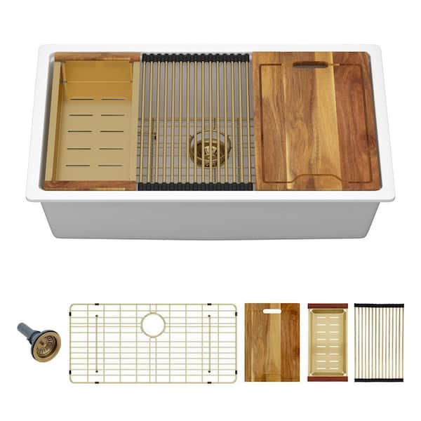 30 in. Undermount Single Bowl White Quartz Kitchen Sink with Bottom Grids