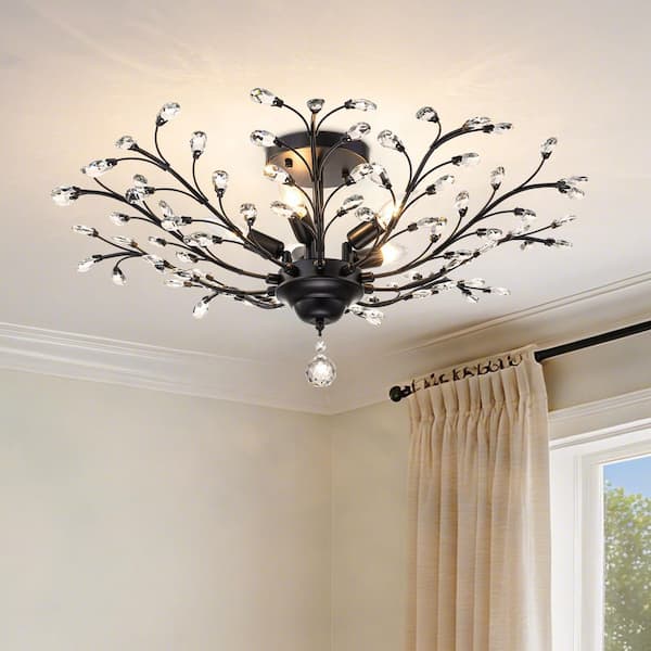 30 in. 5-Light Black Crystal Flush Mount Ceiling Light with Branch Design and Teardrop Accents for Living Room, Dining