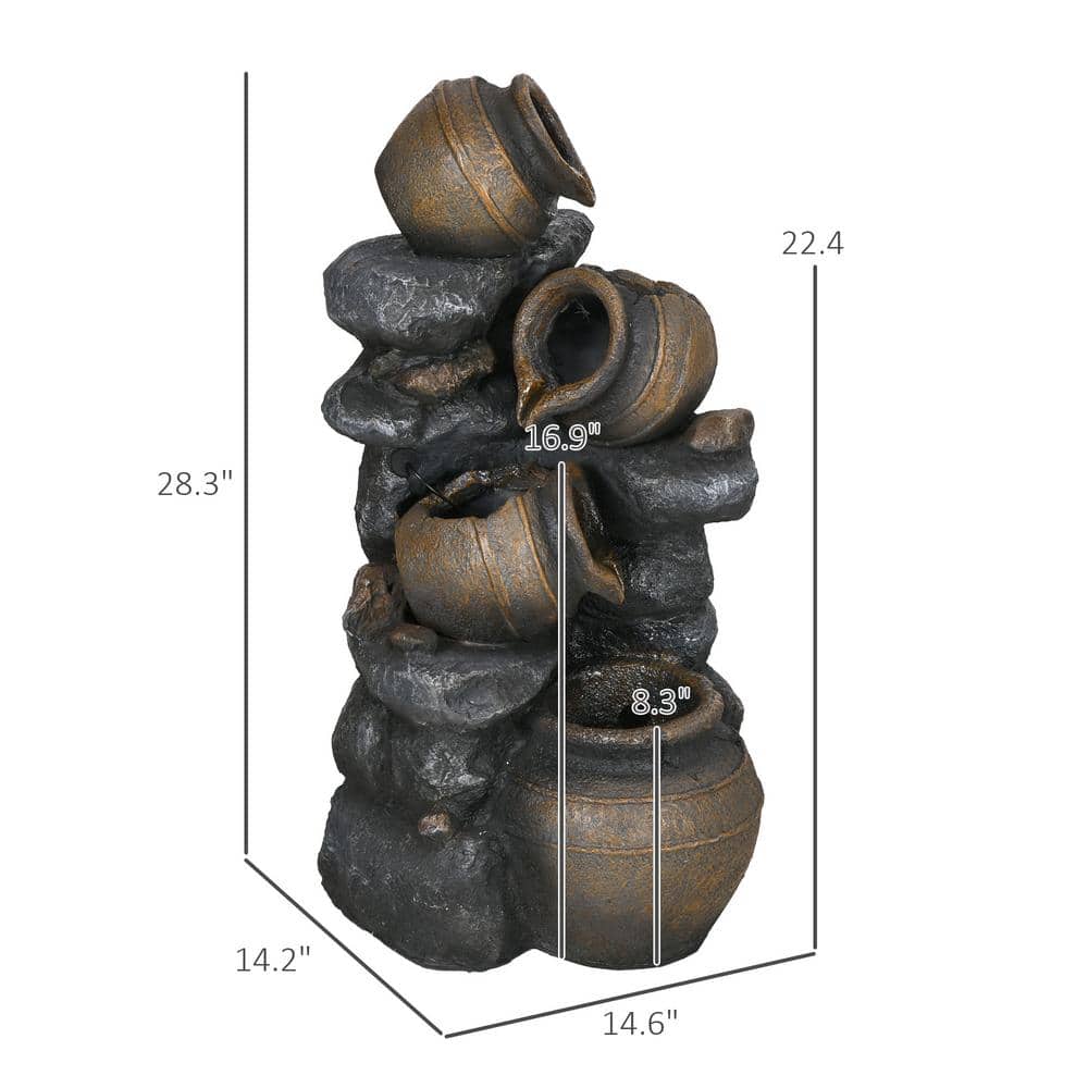 28.3" Brown Resin Solar Powered 4-Tier Water Fountain with LED Lights