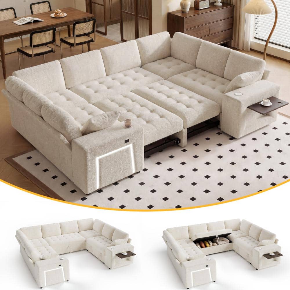 110" 8-Seat Beige Sleeper Sofa Bed with Pull out Bed,U Shaped Modular Sectional Couch for Living Room,Tool-Free Assembly