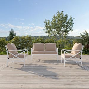 White 3-Piece Steel Patio Conversation Set with 2 Arm Chairs, Contemporary Sofa and Beige Cushions