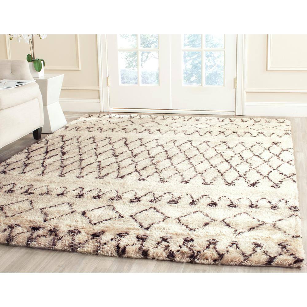 Ivory and Dark Brown Hand-Tufted Wool Shag Rug, 8' x 10'