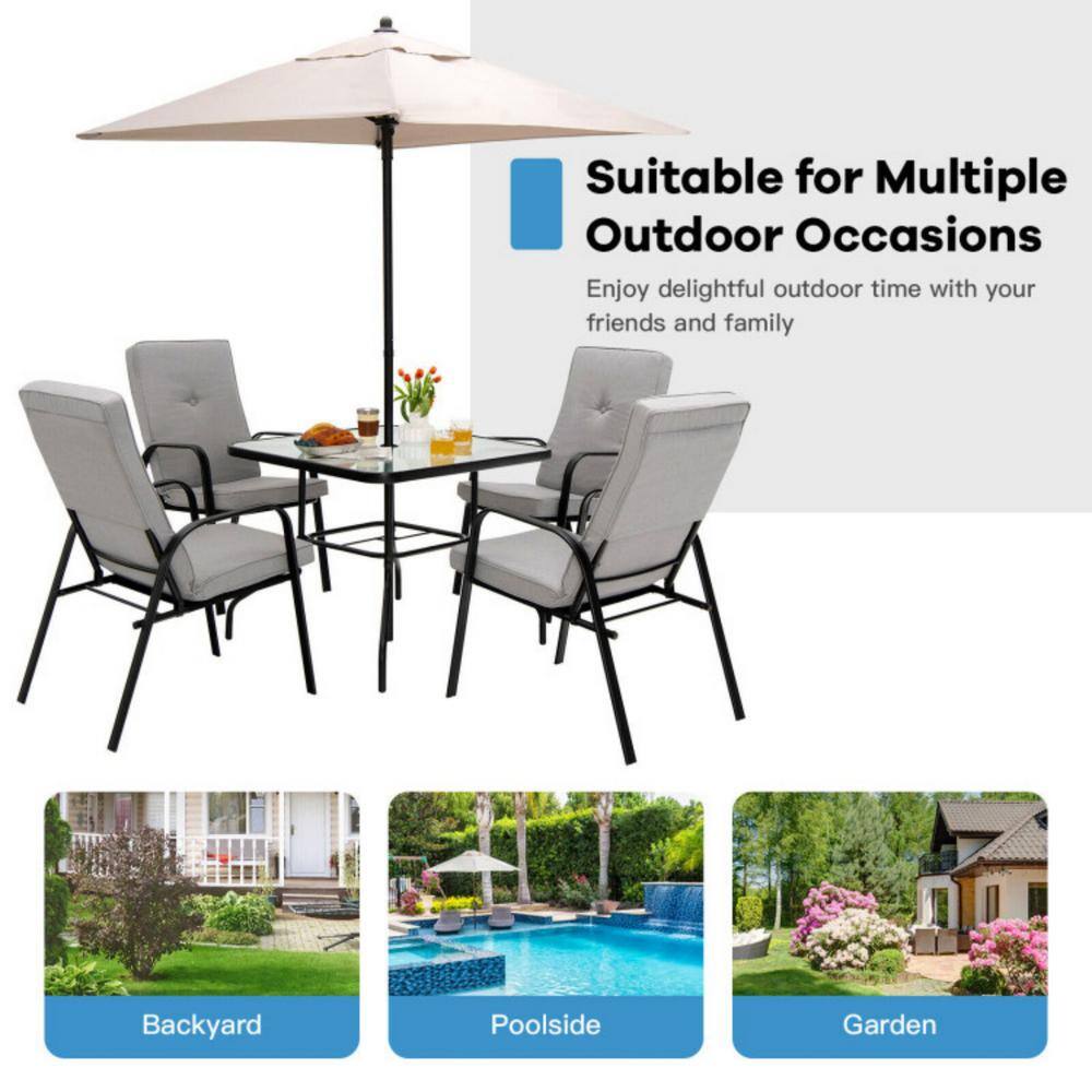 Black Steel Outdoor Dining Chairs with Grey Cushions, Set of 4