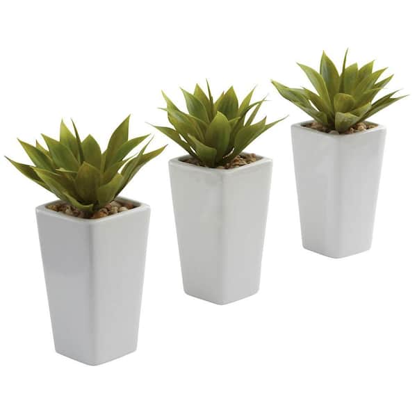 Nearly Natural Artificial Mini Agave with White Planter (Set of 3)